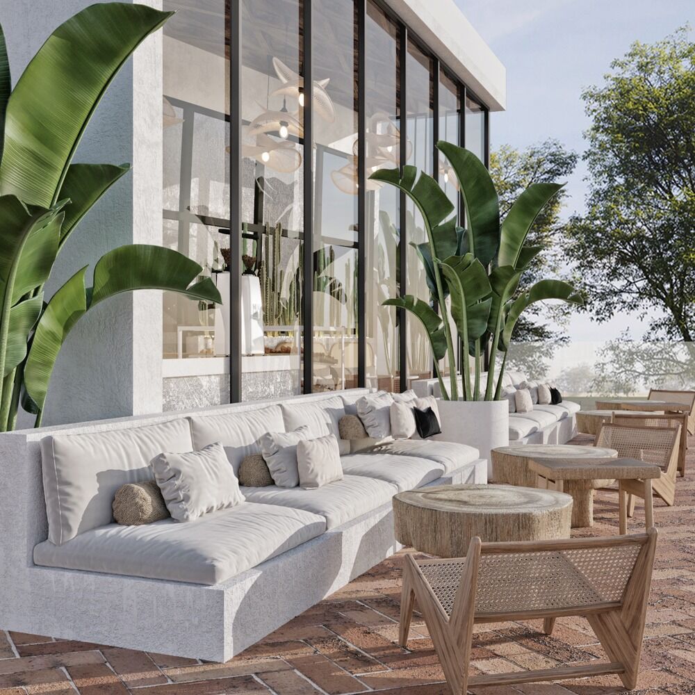 Cafe outdoor seating: commercial interior design by Studio G for a luxury sustainable villas and restaurant, Cyprus