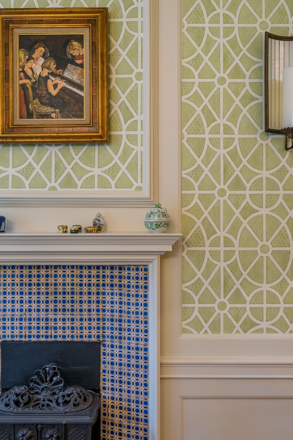 Striking geometric style dining room wallpaper: residential interior design by Studio G for a English country style home in Cobham, Surrey