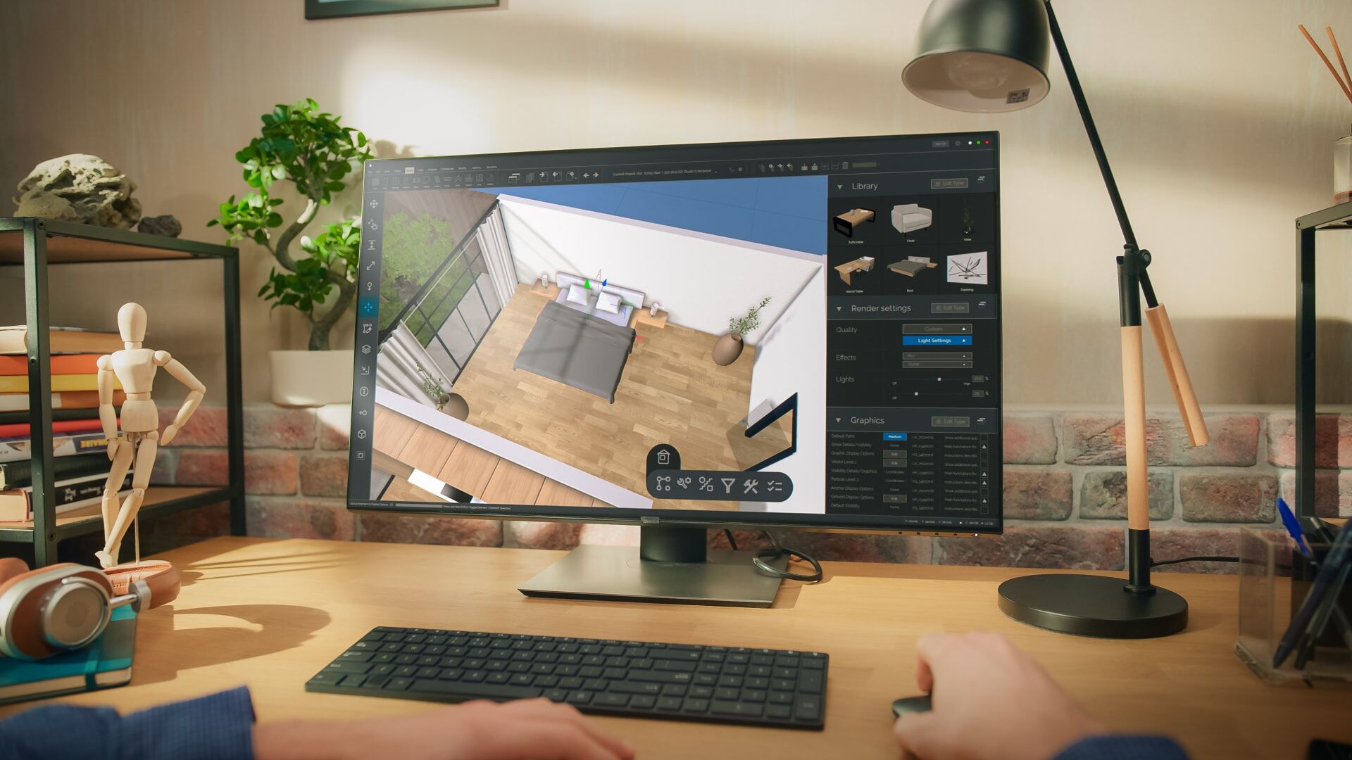 3D visualisation of a bedroom layout being planned in interior design software