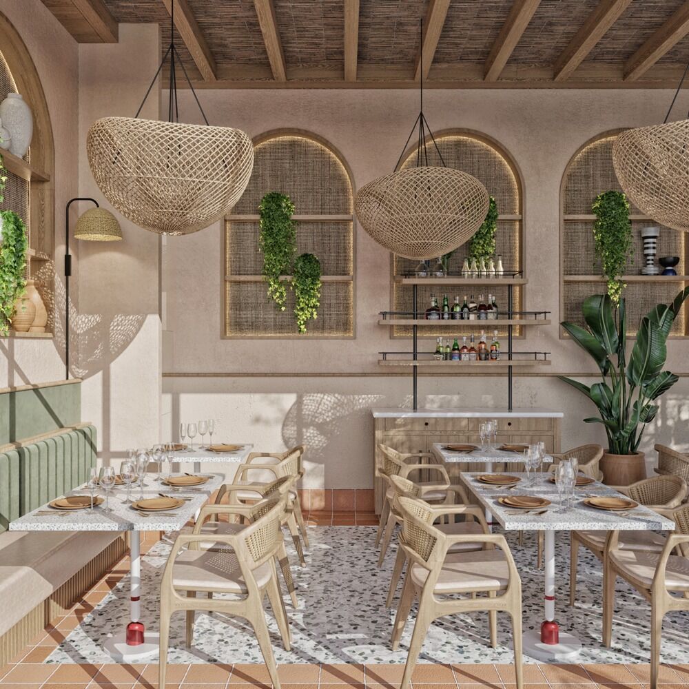 Luxury villa restaurant outdoors: commercial interior design by Studio G for a luxury sustainable villas and restaurant, Cyprus