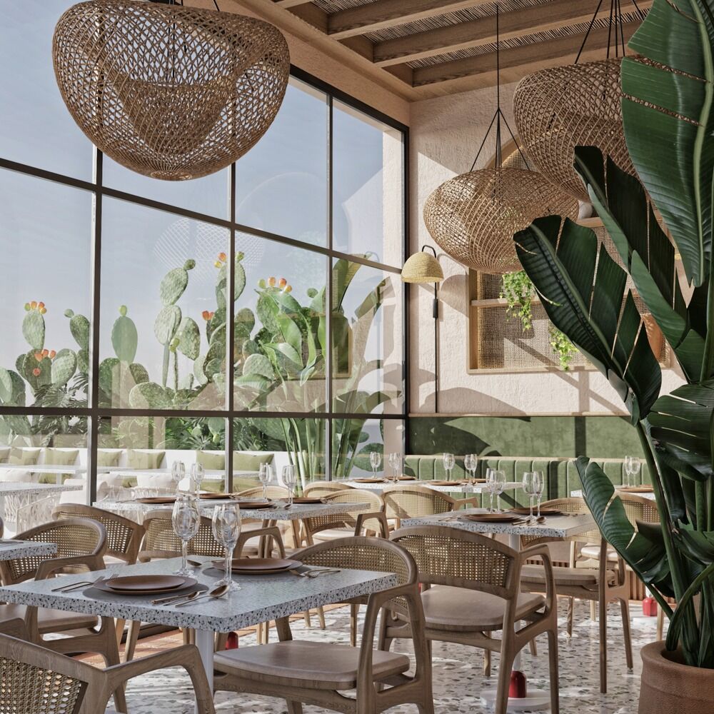Luxury villa restaurant interior: commercial interior design by Studio G for a luxury sustainable villas and restaurant, Cyprus