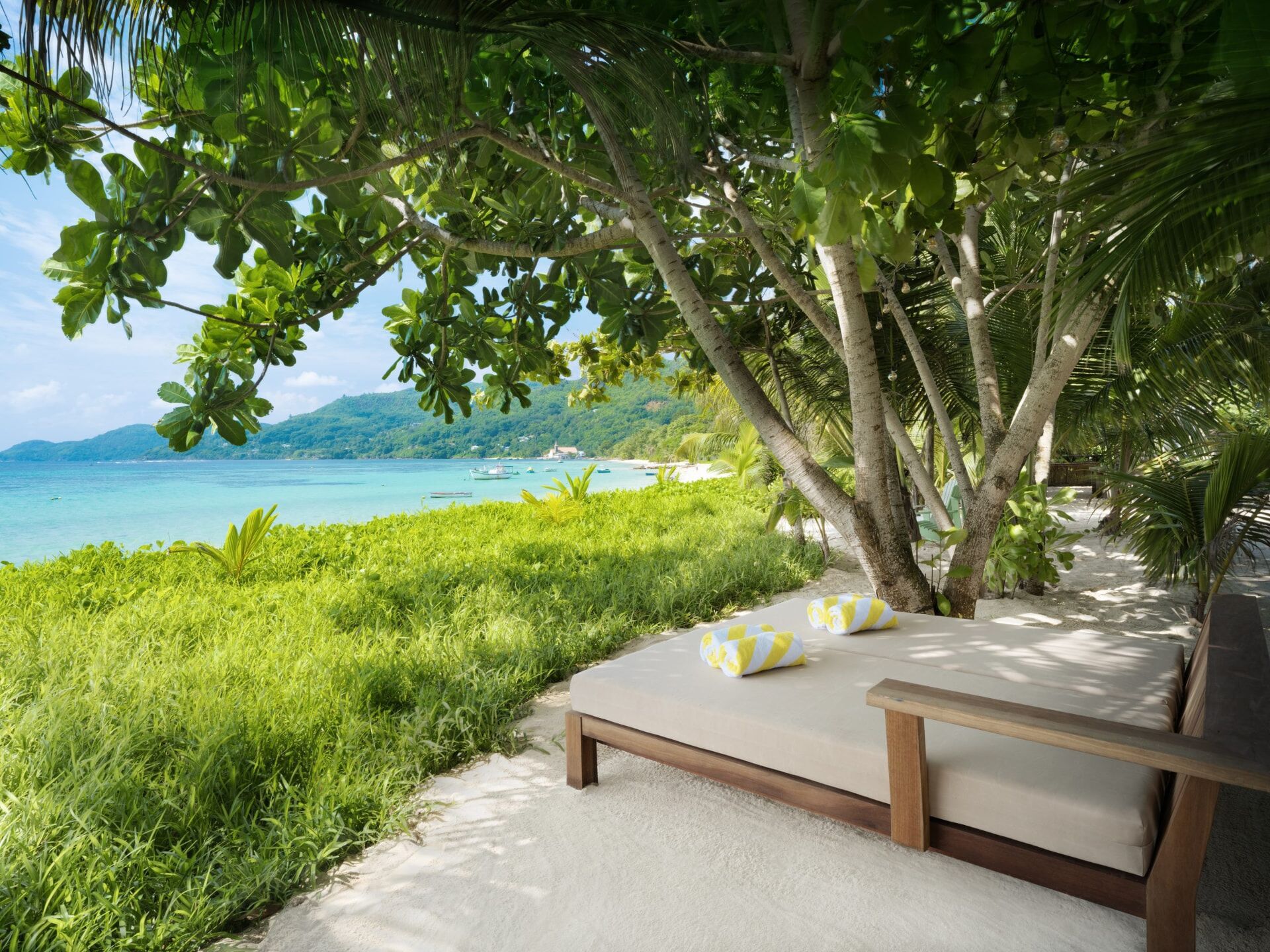 Beach loungers: commercial interior design by Studio G for a luxury beach resort, Seychelles