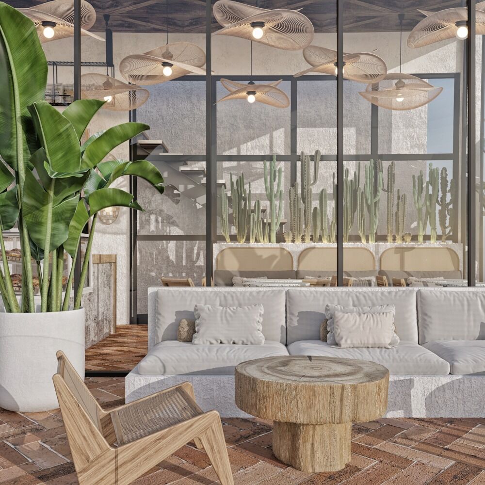 Luxury cafe seating area: commercial interior design by Studio G for a luxury sustainable villas and restaurant, Cyprus