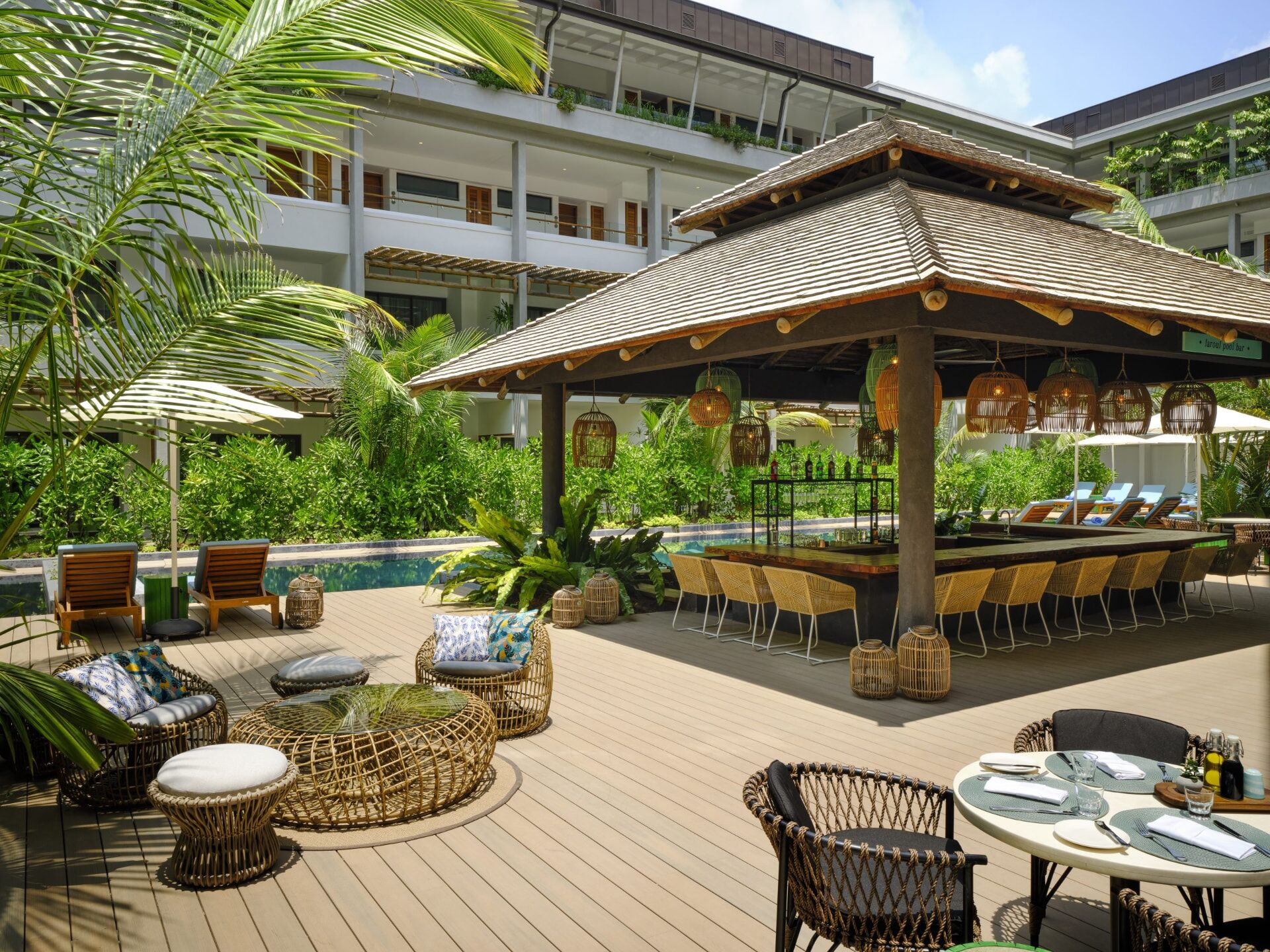 Pool bar: commercial interior design by Studio G for a luxury beach resort, Seychelles