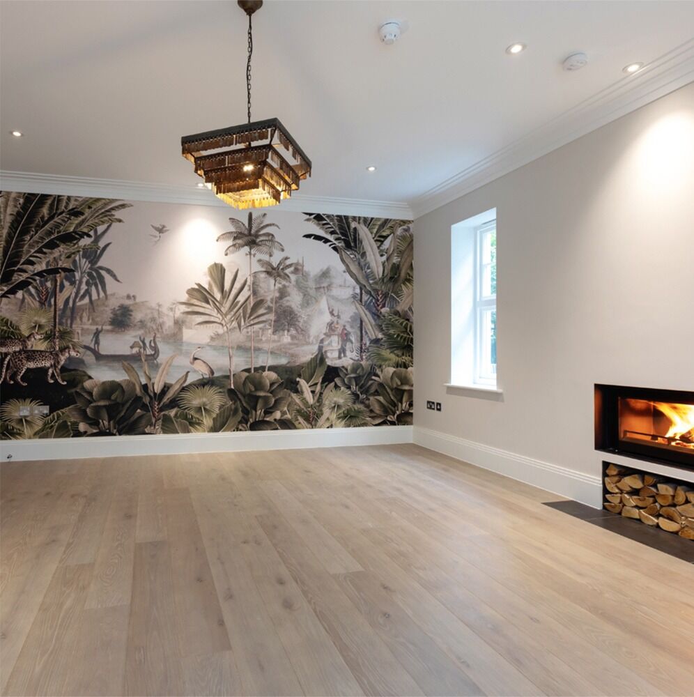 Luxury bespoke living room wall paper: residential interior design by Studio G for a New England style home in Surrey